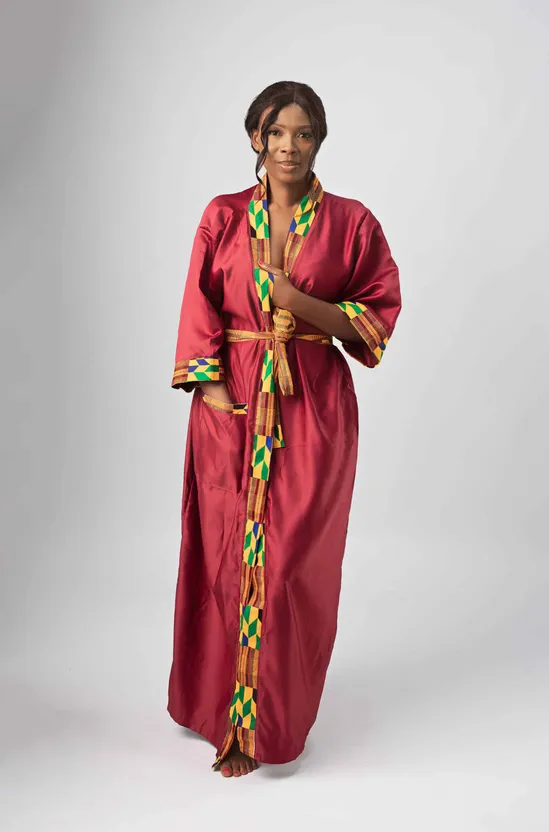 Blue & African Kente Print Satin Kimono Robe 3