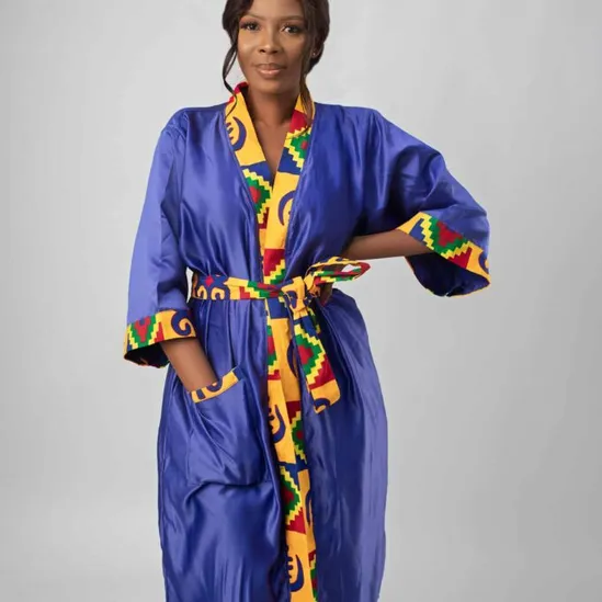 Blue & African Kente Print Satin Kimono Robe 5