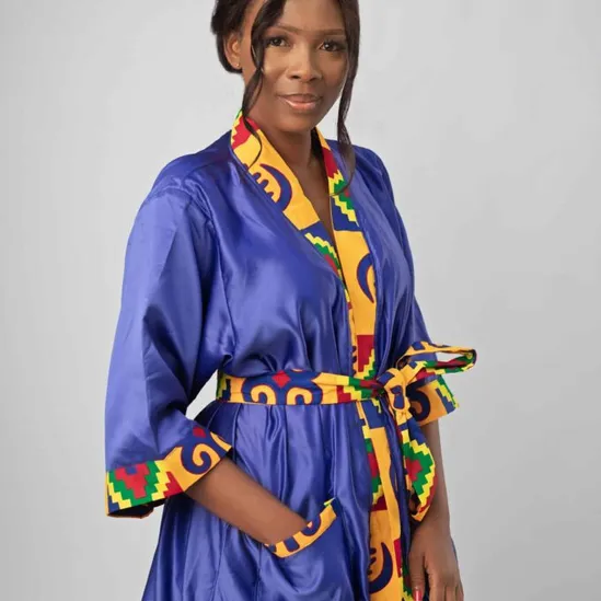 Blue & African Kente Print Satin Kimono Robe 6
