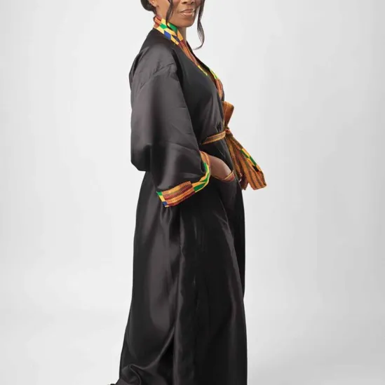 Blue & African Kente Print Satin Kimono Robe 7