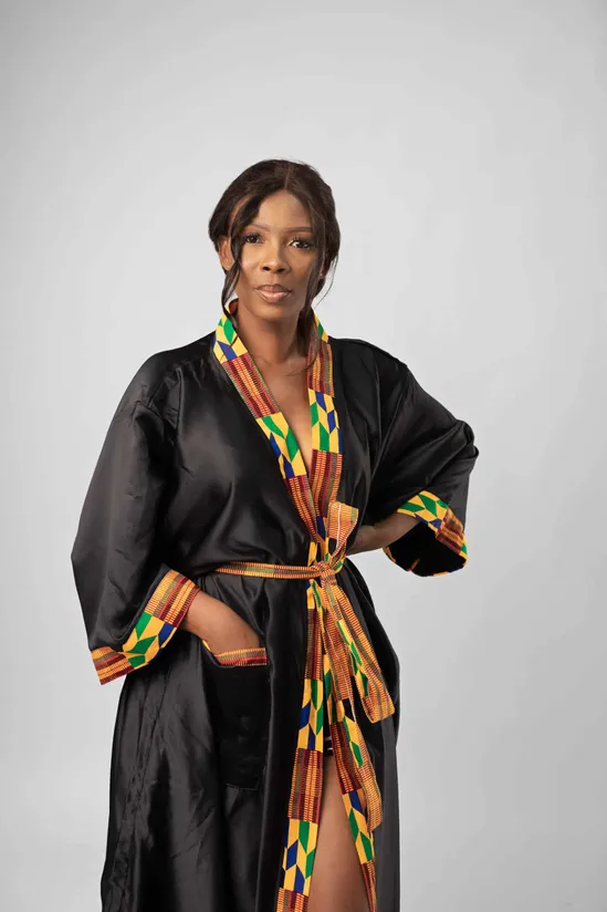 Blue & African Kente Print Satin Kimono Robe