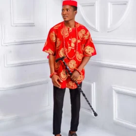 Red and Gold Men’s African Traditional Embroidery Shirt 2