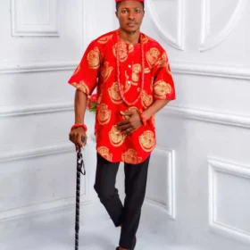 Red and Gold Men’s African Traditional Embroidery Shirt
