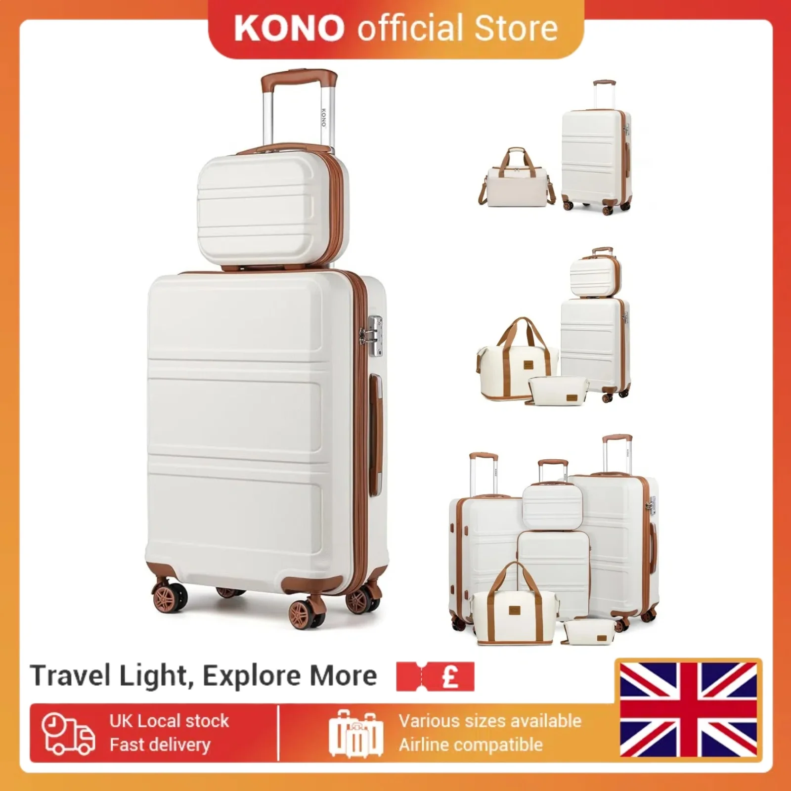 KONO Luggage Set – Hard Shell Suitcases with Spinner Wheels & Travel Bags, 20/24/28 Inch, 2/4/6-Piece Options