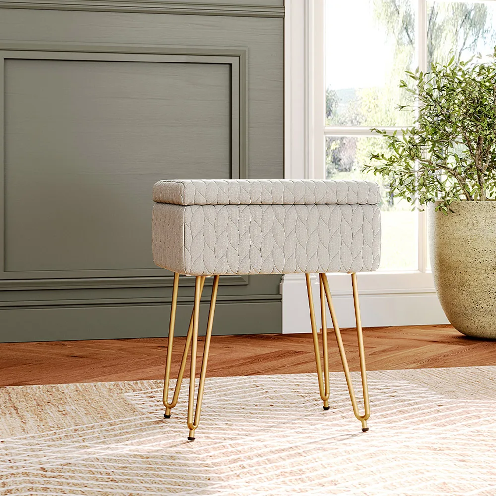 Rectangular Upholstered Storage Stool Multifunctional Bedroom Dressing Table Stool Metal Legs - Image 4
