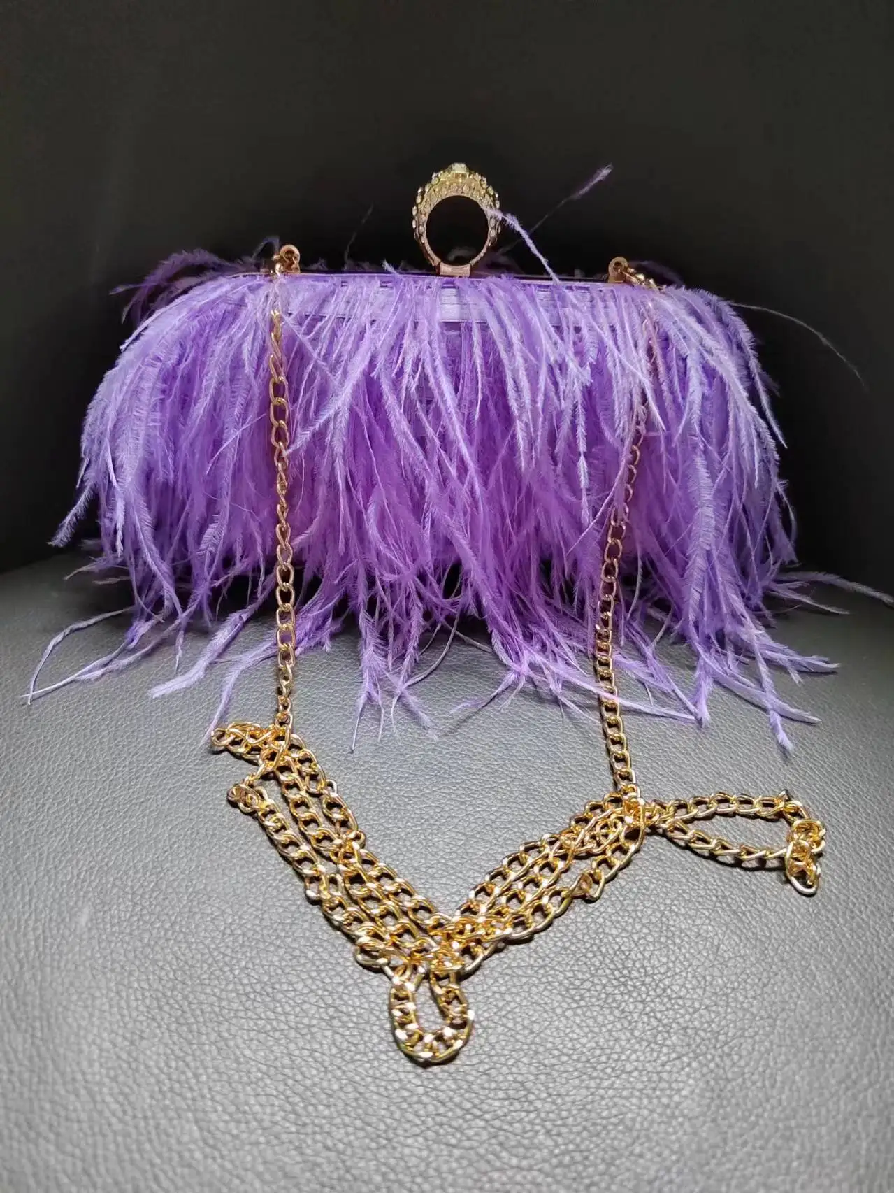2024 Guangzhou High Quality Knuckle Ring Purple Feather Purse Clutch Purse Bag With Ostrich Feather Decoration Wedding Bags - Image 4