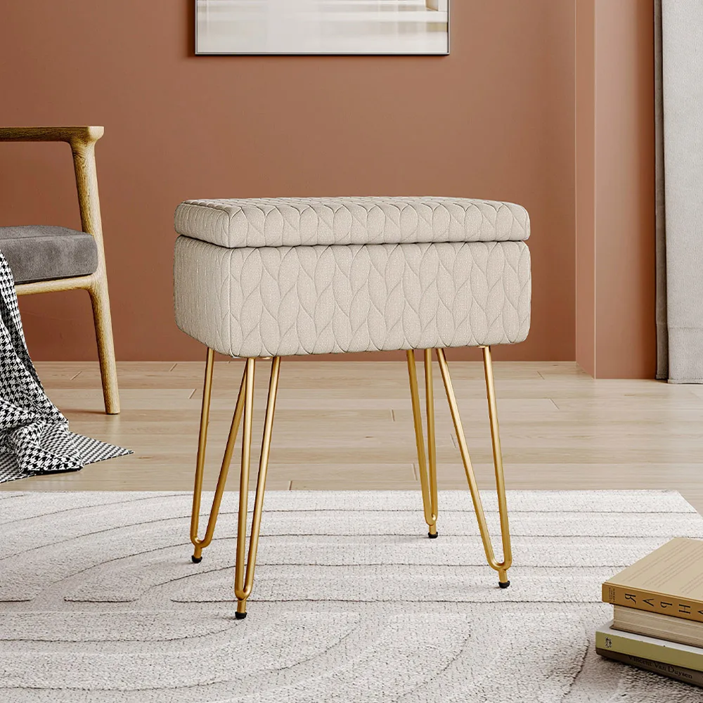Rectangular Upholstered Storage Stool Multifunctional Bedroom Dressing Table Stool Metal Legs