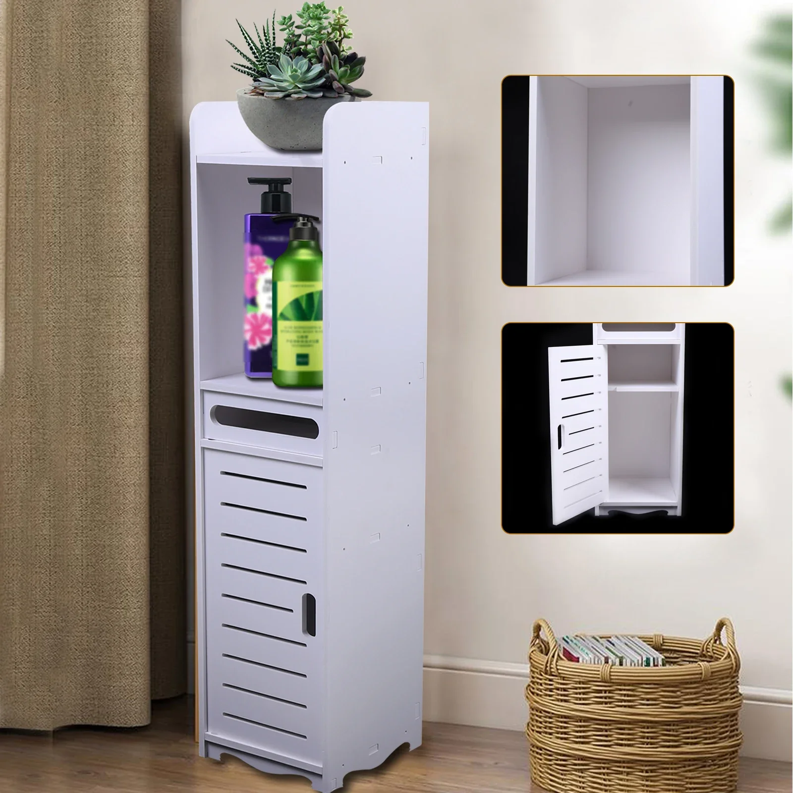 Wooden Standing Bathroom Cabinet with Adjustable Narrow Toilet Sideboard Shelves - Image 6