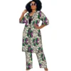 Women African Ankara Cardigan Coat Set with Straight Pants