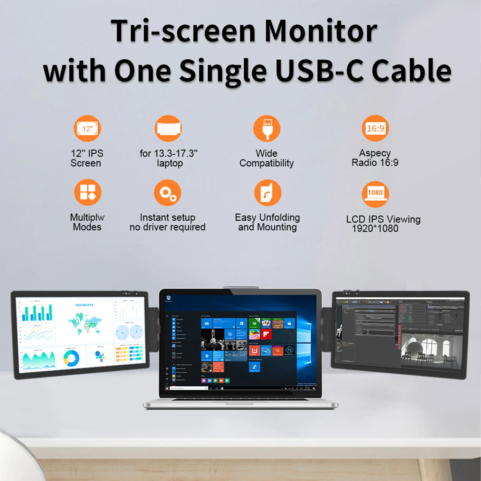 12" Laptop Dual Monitor HD IPS Screen Extender - Image 3