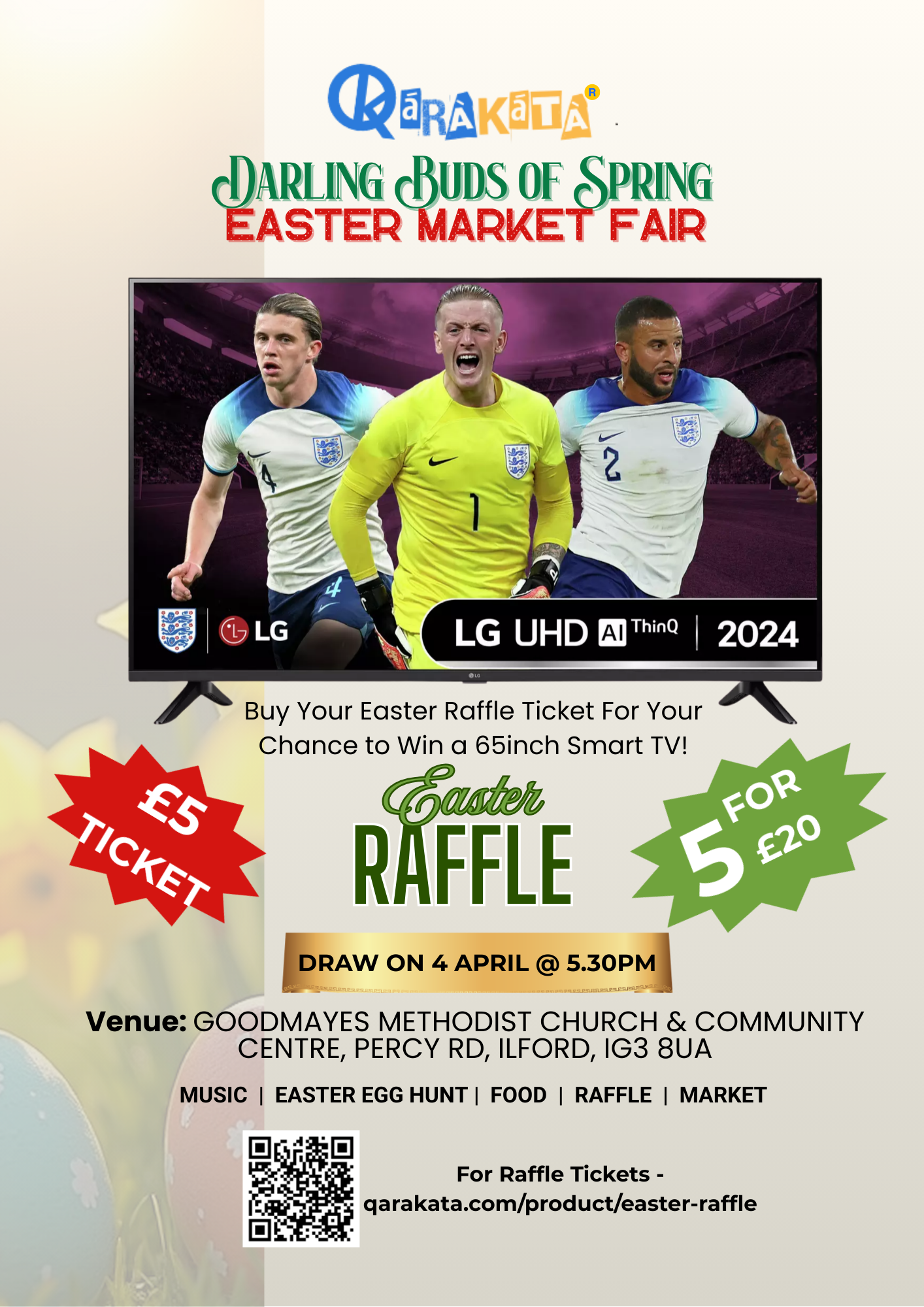 Qarakata Easter Raffle poster showing 65 inch Smart TV prize