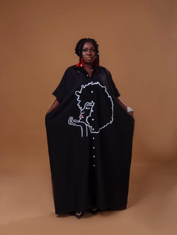 Afrocentric Free-Fit Maxi Shirt Dress – Hand-Painted African Woman Silhouette