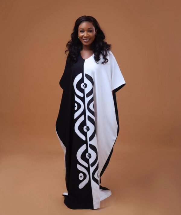 Elegant Dual-Tone Black and White Free-Fit Maxi Gown with Tribal Motif
