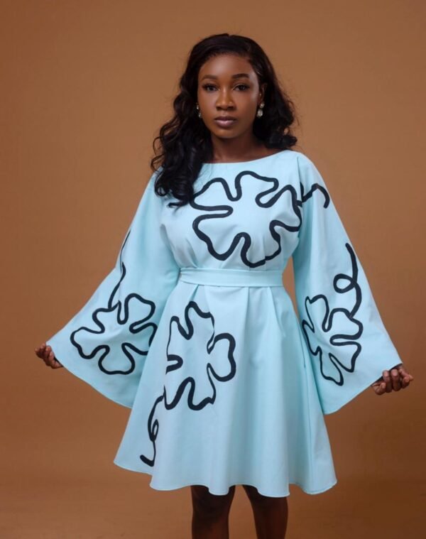 Vibrant Blue Loose-Fit Mini Dress – Hand-Painted Bloom Design on Premium Synthetic Fabric