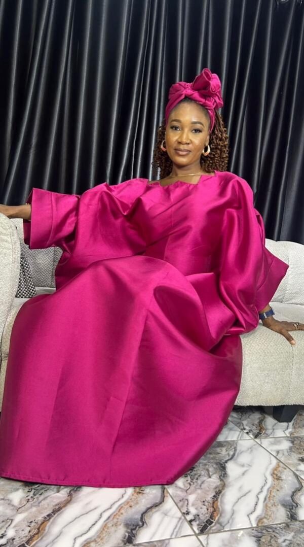 Pink Mikado Silk Boubou Dress – Zigzag Neckline Luxury Kaftan